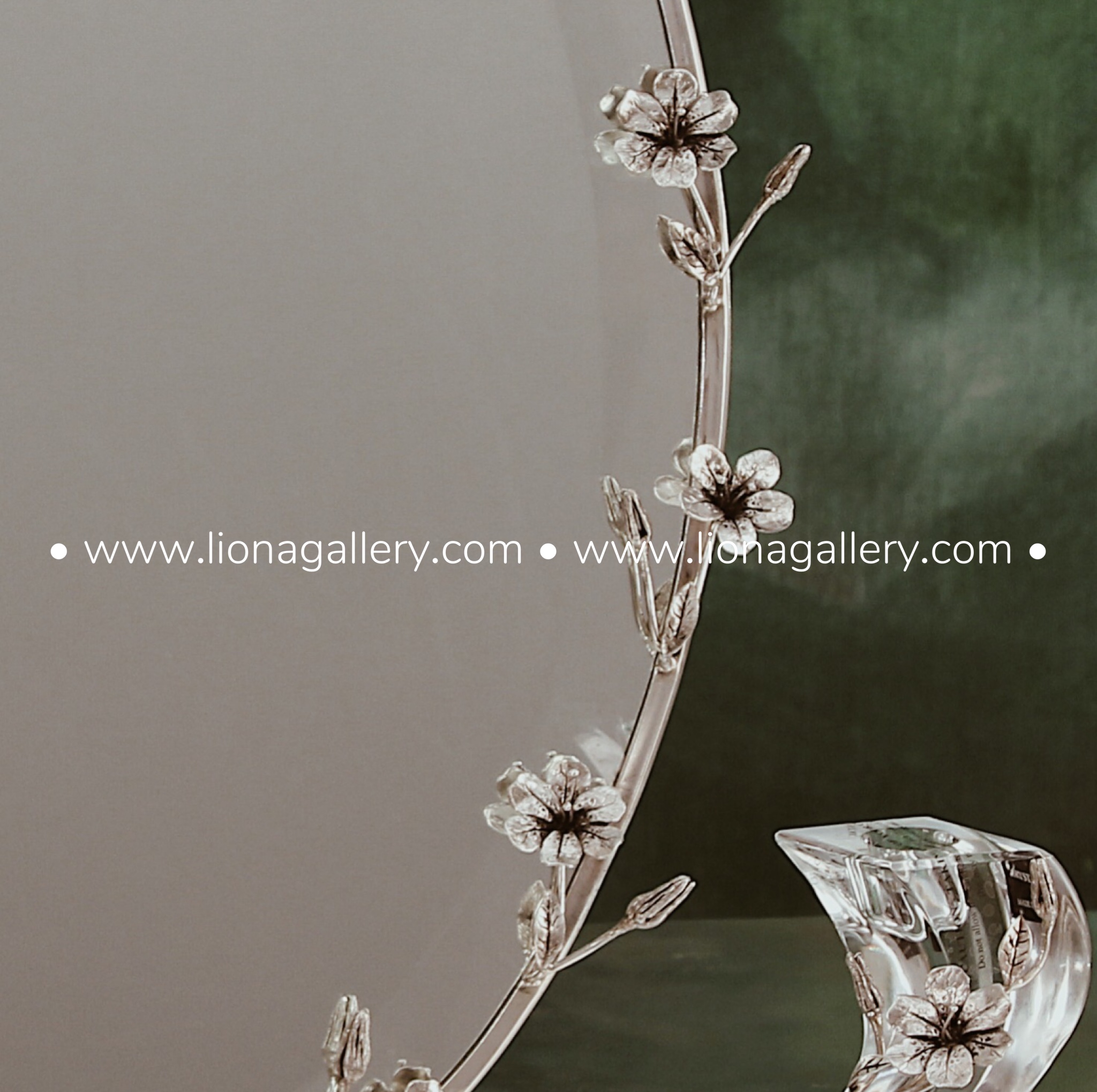آینه شمعدان کریستال نقره سیاه قلم گل ارکیده | ارتفاع 50cm | نقره 925 عیار | 470 گرم - آینه شمعدان نقره گل ارکیده