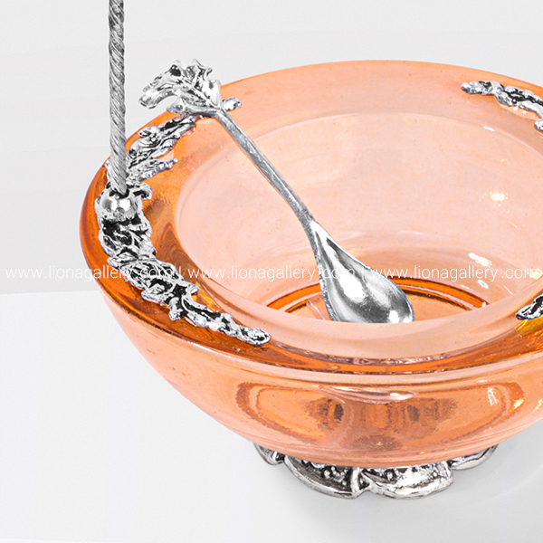 ظرف خاویار خوری پذیرایی نقره و کریستال دسته دار (نارنجی) - ظروف نقره پذیرایی | نقره لیونا