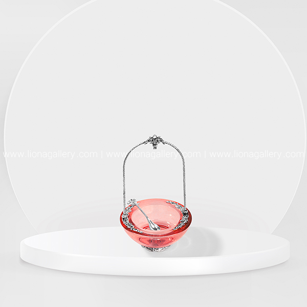 ظرف خاویار خوری پذیرایی نقره و کریستال دسته دار (قرمز) -ظروف نقره پذیرایی | گالری نقره لیونا